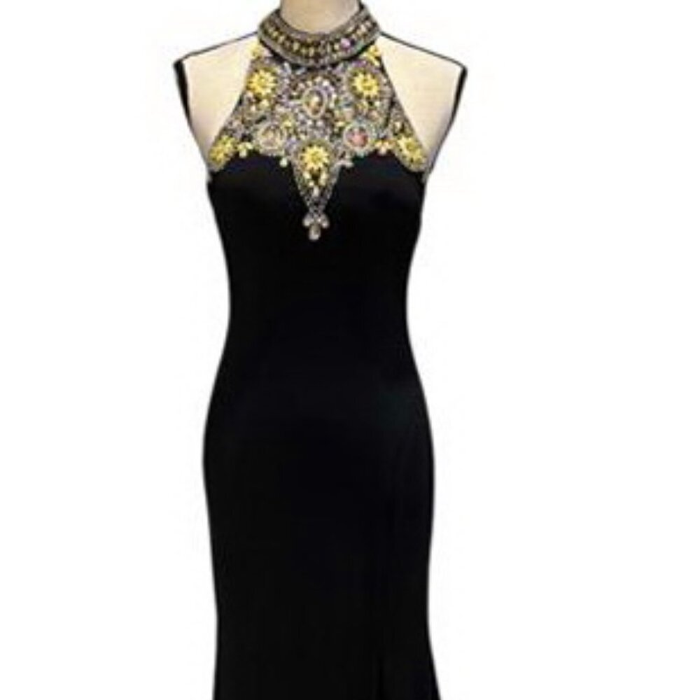 Black Beaded Rhinestone Halter Open Back Jersey Gown